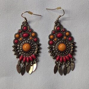 Boho long earrings costume jewellery orange pink gold GUC
